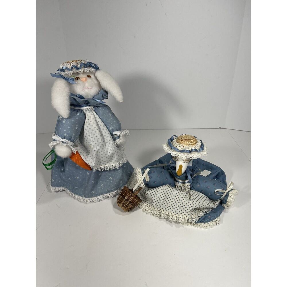 Set 2 Dolls Vintage Bunny Rabbit + Grandma Goose Cloth Doll Textile Art Handmade